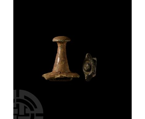 1st century B.C. One terret post comprising a slightly domed rectangular plate and projecting arm with domed terminal, suspen