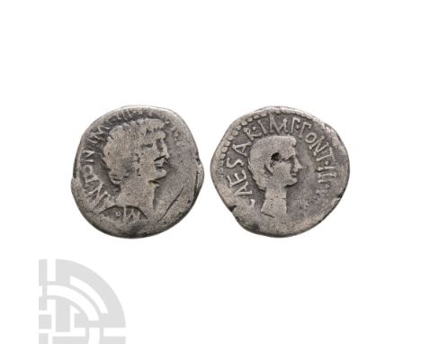 Autumn 41 B.C. Syria mint(?). Obv: M ANT IMP III VIR R P C M AVG legend with MP and AV in monogram with bare head of Mark Ant