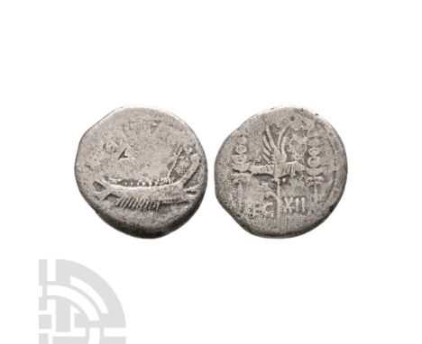 32-31 B.C. Rome mint. Obv: ANT AVG / III VIR R P C above and below galley right. Rev: LEG - XII divided by legionary eagle be