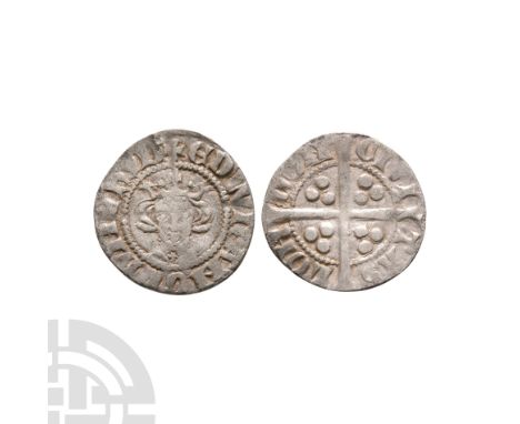 1299-1301 A.D. Class 9a. Obv: facing bust with star on breast and EDW R ANGL DNS HYB legend. Rev: long cross and pellets divi