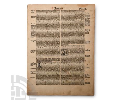 Printed 1492 A.D. Being a single, double-sided leaf from an early printed paper Latin bible for the Book of Judges, chapters 
