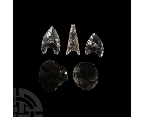 Circa 2nd-7th century A.D. Comprising barbed arrowheads and scrapers.   10.8 grams total, 19-26 mm (3/4 - 1 in.). Private U.K