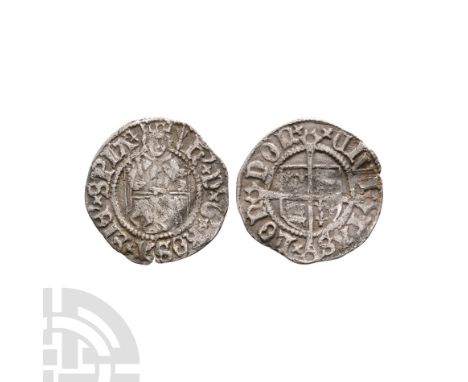 1526-1544 A.D. Second coinage. Obv: king seated facing with H D G ROSA SINE SPIA legend with 'arrow' mintmark. Rev: long cros