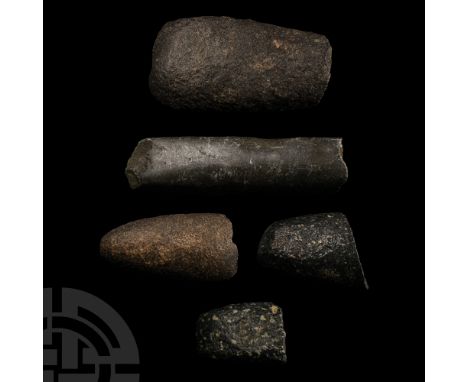 Neolithic Period, 8th-5th millennium B.C. Comprising fragments of pecked and ground stone axes; two showing light polish at e