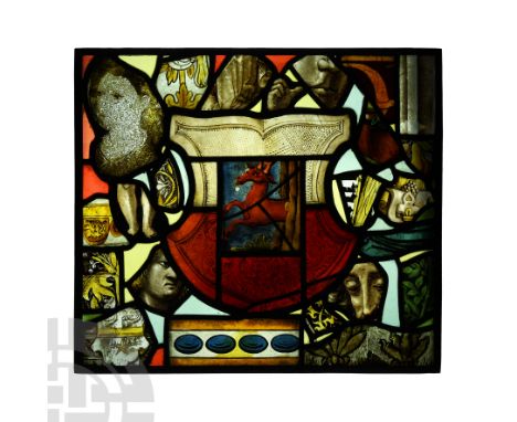 Circa 15th-17th century A.D. Rectangular with lead came framing; composition from elements of various designs including a fem