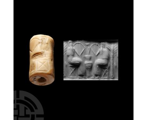 Circa 3rd millennium B.C. With low-relief carved scene of two addorsed bearded figures on thrones, tree between them, amphora