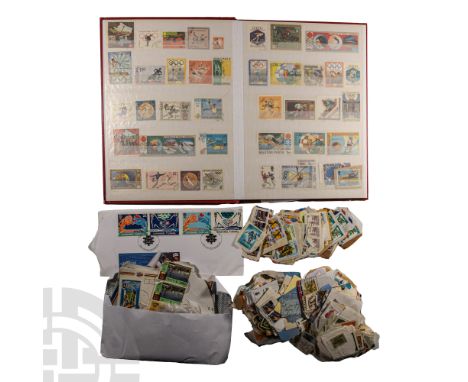 20th century A.D. Comprising: quantity of on-paper, postally used modern world kiloware; with a stockbook holding a small num