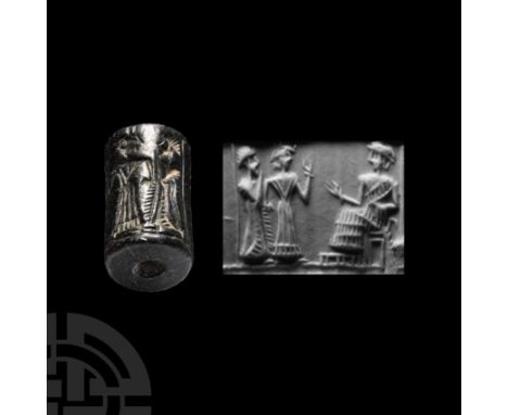 2nd-1st millennium B.C. With incised frieze of a seated figure with hand extended to a figure in floor-length pleated garment