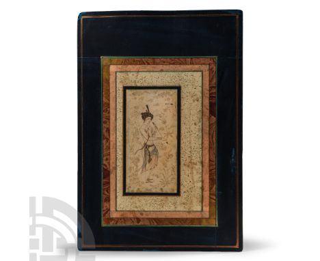 20th century A.D. Showing an archer examining his arrow, bow hanging on his arm, standing amidst flowering plants, wisps of c
