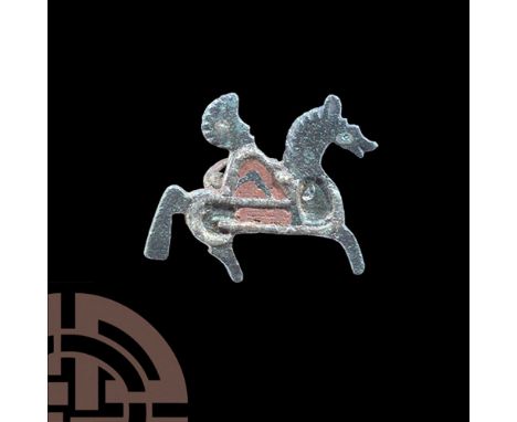 2nd century AD. With panels to the cloak and horse's body for enamel fill, notched outline to the hair and mane, pin and catc