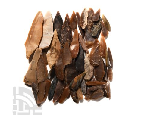 Neolithic Period, 8th-5th millennium B.C. Comprising mostly lentoid flint and chert arrowheads, a few tanged, together with a