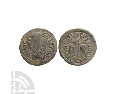 27 B.C.-14 A.D. C Var Rufus, Sextus Julius Poll, Carthago Nova mint. Obv: AVGVSTVS DIVI F legend with laureate bust right. Re