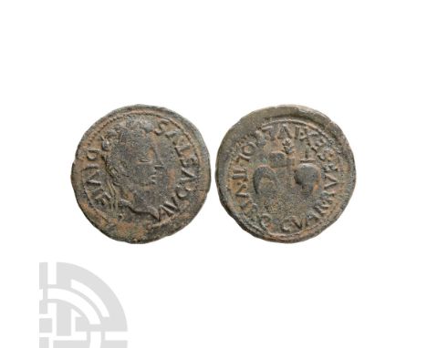 27 B.C.-14 A.D. C Var Rufus, Sextus Julius Poll, Carthago Nova mint. Obv: AVGVSTVS DIVI F legend with laureate bust right. Re