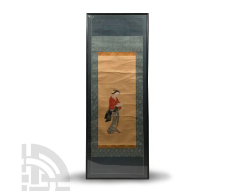Japan, 18th century A.D. Mounted in a glazed wooden frame with reveal; the fabric-edged rectangle with painted motif placed e