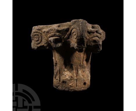 12th-13th century A.D. Architectural column capital modelling curled acanthus leaves, rising from a narrow stem, curving outw