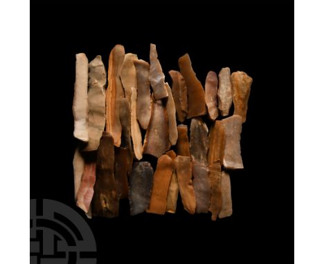 Neolithic Period, 6th millennium B.C. Comprising twenty eight specimens with sharp cutting edges.   300 grams total, 5-10.2 c