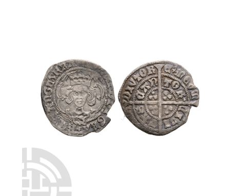 1464-1467 A.D. First reign, light coinage. Obv: facing bust within tressure with trefoils on cusps knot on breast and EDWARD 