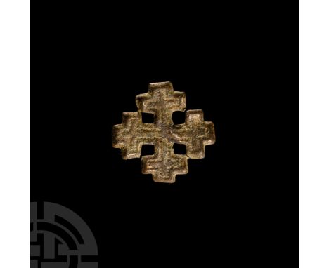 13th-14th century A.D. Formed as a cross-crosslet, the symbol of the Knights of the Holy Sepulchre, with punched-point border