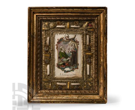 Mid 19th century A.D. Composed of a chalcographic print representing the Evangelist Luke who, depicted with a brush and easel