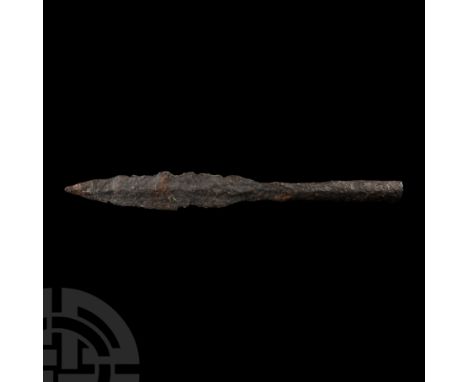 6th-7th century A.D. With lentoid-section lanceolate blade, tapering circular socket with forge-welded split. See Swanton, M.