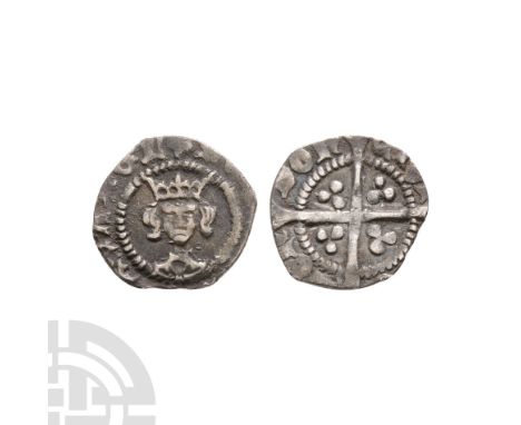 1509-1526 A.D. First coinage. Obv: facing bust with HENRIC REX ANGL legend and uncertain mintmark. Rev: long cross and pellet