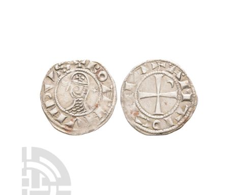 Circa 12th century A.D. Obv: profile bust with BOAMVDVS legend. Rev: cross with crescent in first quarter and ANTIOCHIA legen
