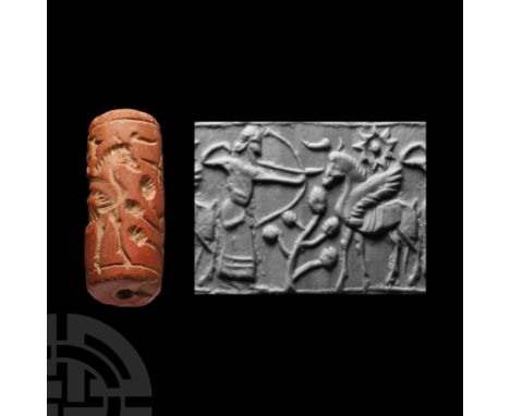 2nd-1st millennium B.C. With a frieze depicting a robed bowman taking aim at a stag, bushes and solar disc in the field. Cf. 