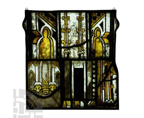 France, late 15th century A.D. Composed from six rectangular glass panels with painted geometric and architectural imagery, l
