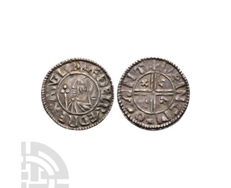 991-997 A.D. BMC type IIIa. Obv: profile bust with sceptre and +ÆÐELRÆD REX ANGLOR legend. Rev: short voided cross with C R V