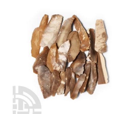 Neolithic Period, 7500-5300 B.P.. Comprising twenty tools, including knives, scrapers and cores.   300 grams total, 46-83 mm 
