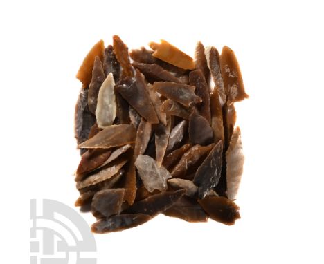 Neolithic Period, 8th-5th millennium B.C. Comprising mostly mixed types of flint and chert arrowheads, including leaf, tanged
