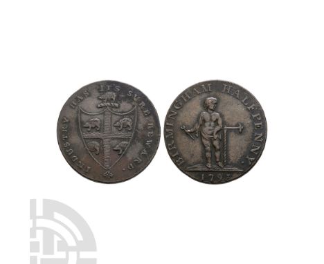 Dated 1793 A.D. Obv: arms with INDUSTRY HAS ITS SURE REWARD legend. Rev: standing boy figure with BRIMINGHAM HALFPENNY; date 