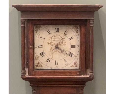 JACKSON, DOLGELLY ANTIQUE OAK LONGCASE CLOCK with 12ins square painted dial set with Roman numerals and calendar date apertur