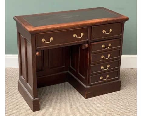 REPRODUCTION MAHOGANY ANTIQUE STYLE DESK having a green leather effect inset top over a single pedestal base having a top dra