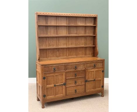 ROBERT "MOUSEMAN" THOMPSON (KILBURN) ADZED OAK 5ft DRESSER having a three shelf rack with carved detail to the top, the Adzed