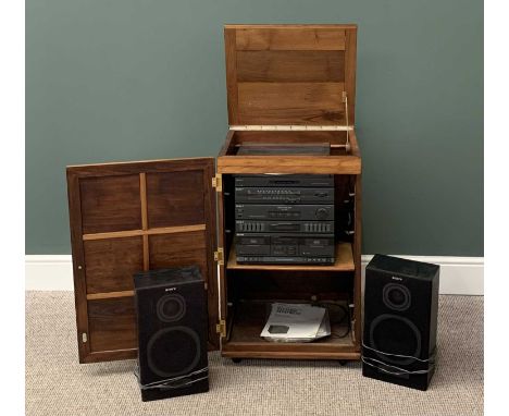 SONY STACK HIFI SYSTEM WITH SPEAKERS in a vintage type oak single door cabinet, 81cms H, 51cms W, 44cms D