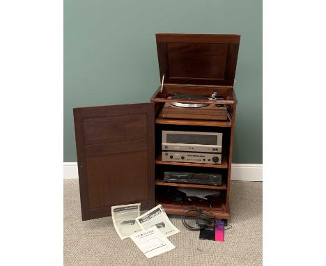 MIXED BRAND HIFI SYSTEM in a vintage style single door mahogany cabinet, the system includes an AR turntable, Hitachi amplifi