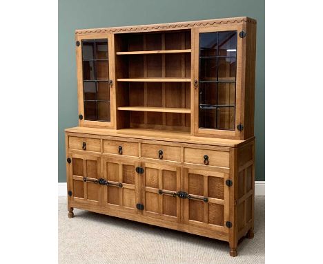 ROBERT "MOUSEMAN" THOMPSON (KILBURN) ADZED OAK 6ft DISPLAY SIDEBOARD having carved detail to the top and Adzed sides to a cen