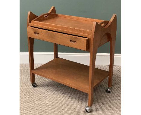 STYLISH HARDWOOD SERVING TROLLEY having shaped ends, lift-off tray to the top, single fabric lined side drawer with carved cu