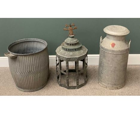 ASSORTED METALWARE to include galvanized washtub, 54cms H, 47cms diameter, vintage milk churn, 76cms H, 34cms diameter and a 