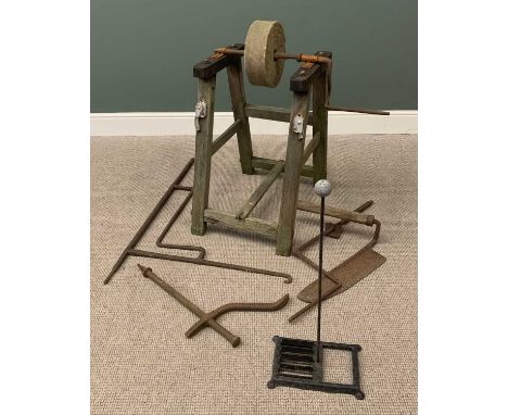 VINTAGE STONE GRINDER ON FRAME, 97cms H, 83cms W, 71cms D and a mixed quantity of vintage iron implements