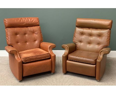 TWO PARKER KNOLL RECLINING ARMCHAIRS in tan leather effect button back upholstery, 102cms H, 88cms W, 58cms D