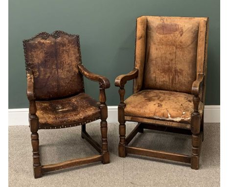 VINTAGE OAK LEATHER &amp; BUTTON STUDDED ARMCHAIRS (2) to include a wingback example, 107cms H, 63cms W, 46cms D and a shaped