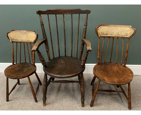 THREE VINTAGE HIGHBACK CHAIRS to include a circular seat stick back armchair on turned supports, 99cms H, 58cms W, 47cms D an