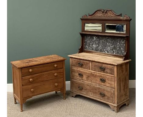 TWO STRIPPED VINTAGE CHESTS to include a three long drawer example with turned wooden knobs, 78cms H, 90cms W, 43cms D, the o