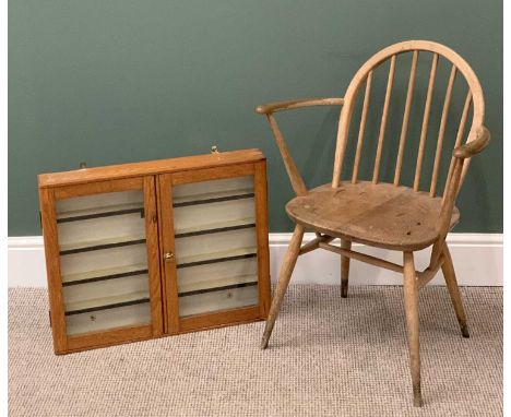 ERCOL LIGHT ELM SPINDLEBACK ELBOW CHAIR, 83cms H, 61cms W, 38cms D and glass fronted oak wall display cabinet, 51cms H, 62cms
