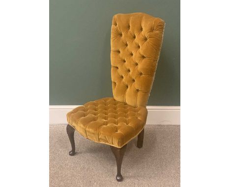 ANTIQUE STYLE GOLD DRALON BUTTON UPHOLSTERED HIGH BACK NURSING CHAIR, 98cms H, 49cms W, 40cms D