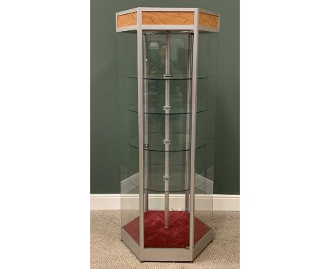 MODERN HEXAGONAL SHOP DISPLAY CABINET having circular rotating shelf interior of four tiers, 188cms H, 80cms W maximum