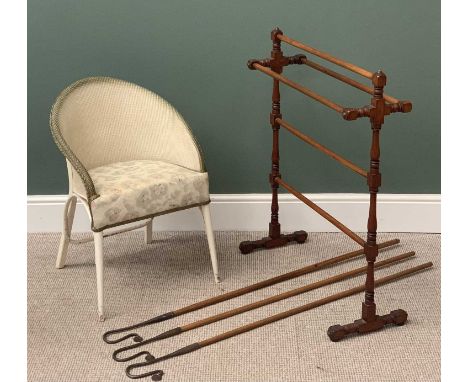 VICTORIAN MAHOGANY TOWEL RAIL, Lloyd loom type bedroom chair, 75cms H, 52cms W, 39cms D and three vintage iron top, possible 
