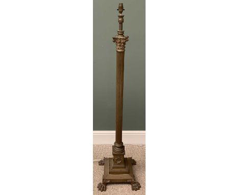 VINTAGE BRASS CORINTHIAN COLUMN STANDARD LAMP on a classical style wreath embossed stepped base, with lion paw feet, 141cms H